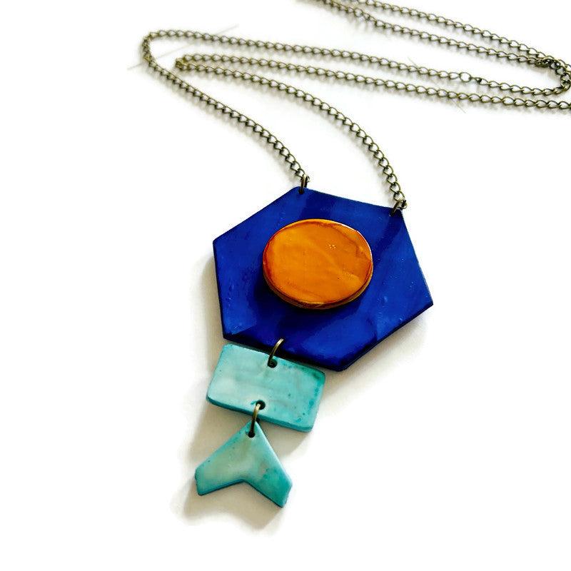 Unique Geometric Pendant Necklace in Blue Yellow - Velora Luxury Fashion