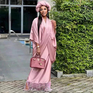 V-neck Loose Casual Two-piece Turkish Middle Eastern Robe Satin Dress