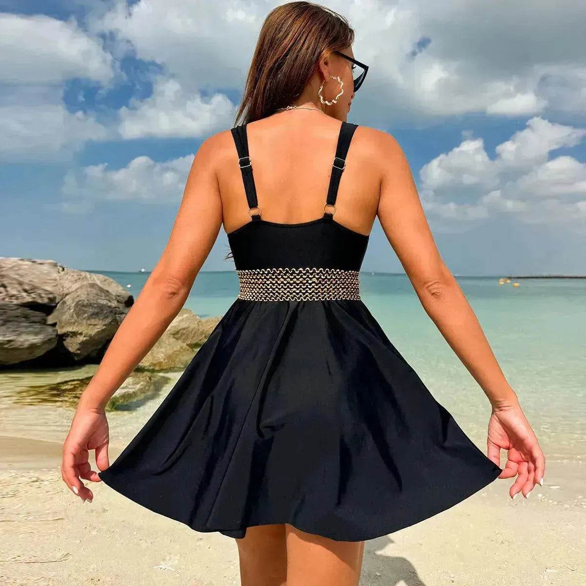 V-neck Printed Swimsuit Dress Summer Beach Vacation Bikini Fashion Womens Clothing - Velora