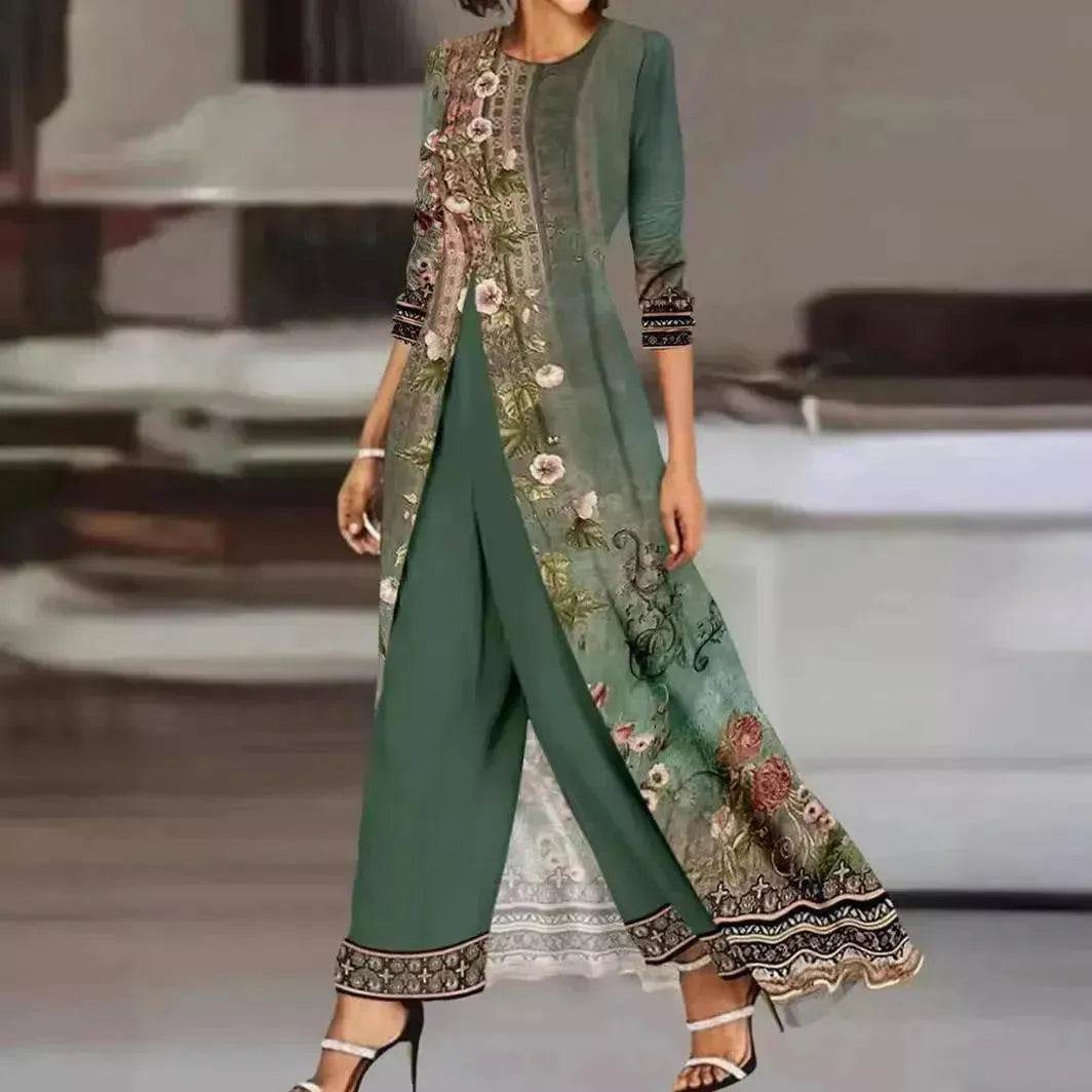Women Dress Two-piece Emerald Long Style Long Sleeve Printing - Velora