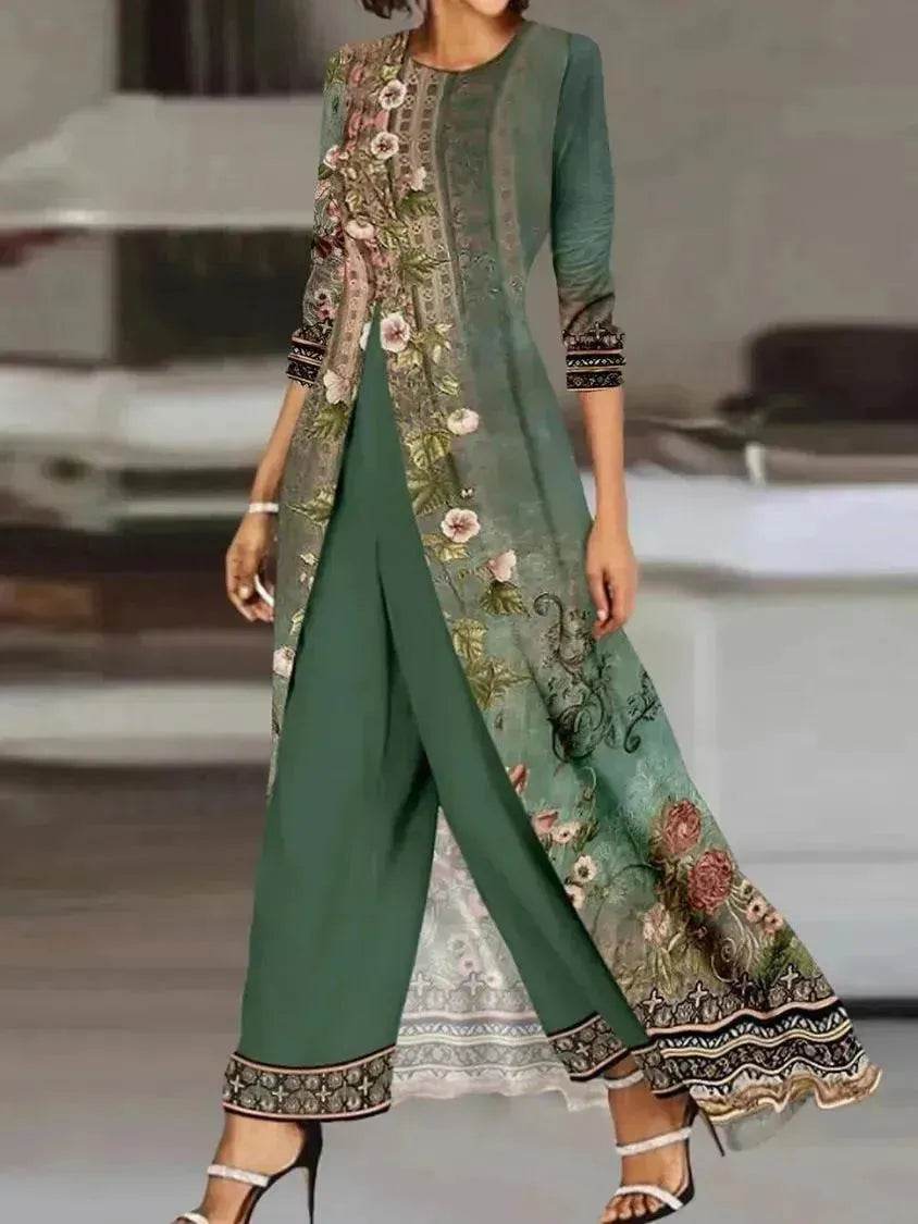 Women Dress Two-piece Emerald Long Style Long Sleeve Printing - Velora