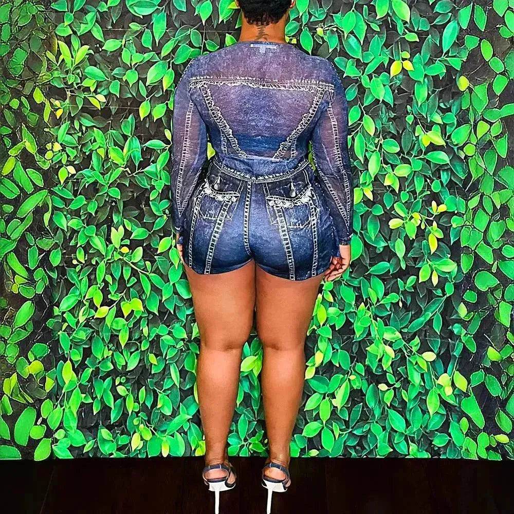 Women's Denim-like Printed Long-sleeved Jumpsuit - Velora