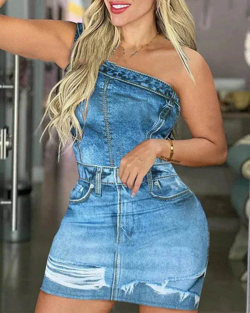 Women's Denim-like Printed Long-sleeved Jumpsuit - Velora