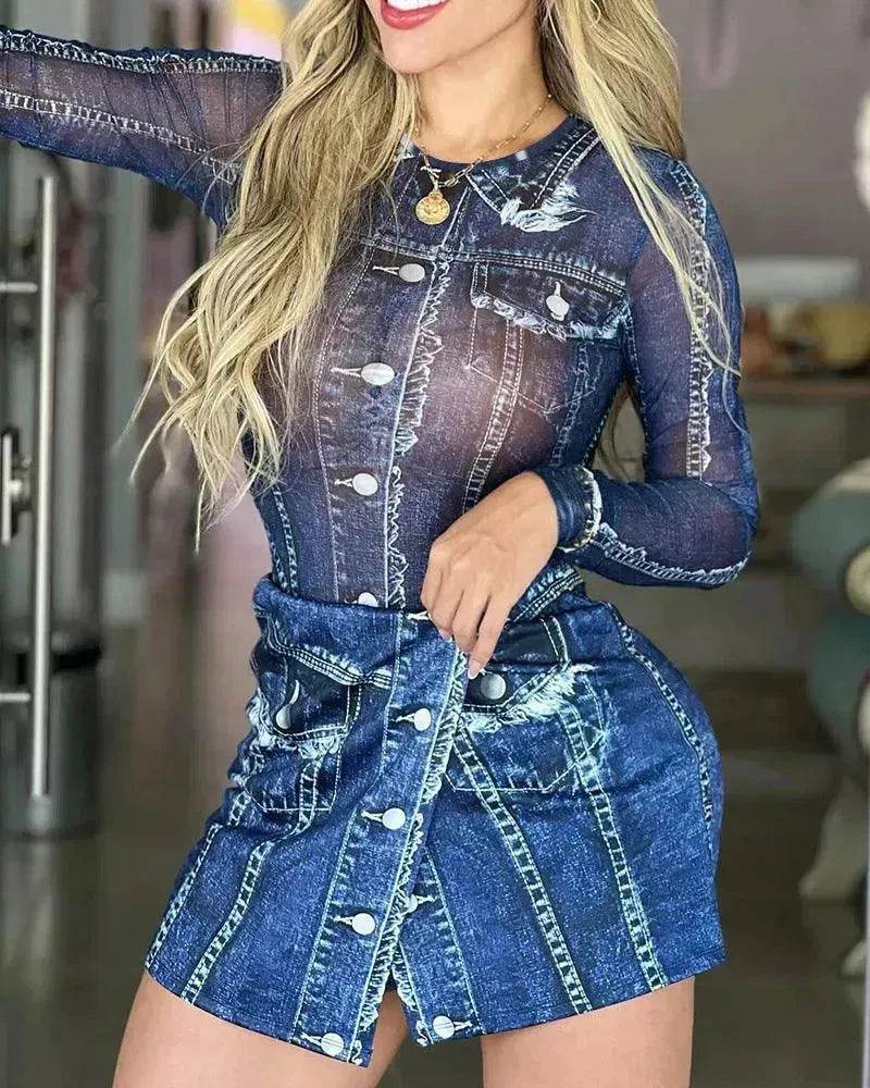 Women's Denim-like Printed Long-sleeved Jumpsuit - Velora