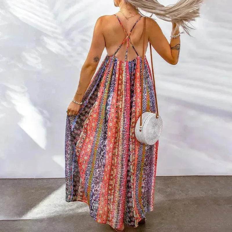 Women's Fashion High Waist Sling Cross Deep V-neck Dress - Velora