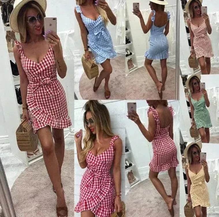 Women's Fashion Personality Summer Sleeveless Plaid Drawstring Casual Mini Dress - Velora