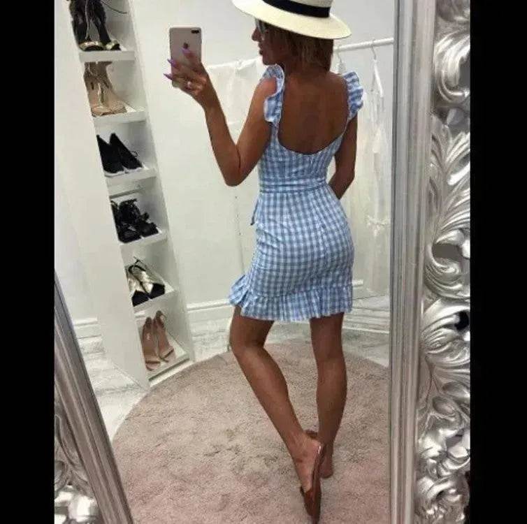 Women's Fashion Personality Summer Sleeveless Plaid Drawstring Casual Mini Dress - Velora