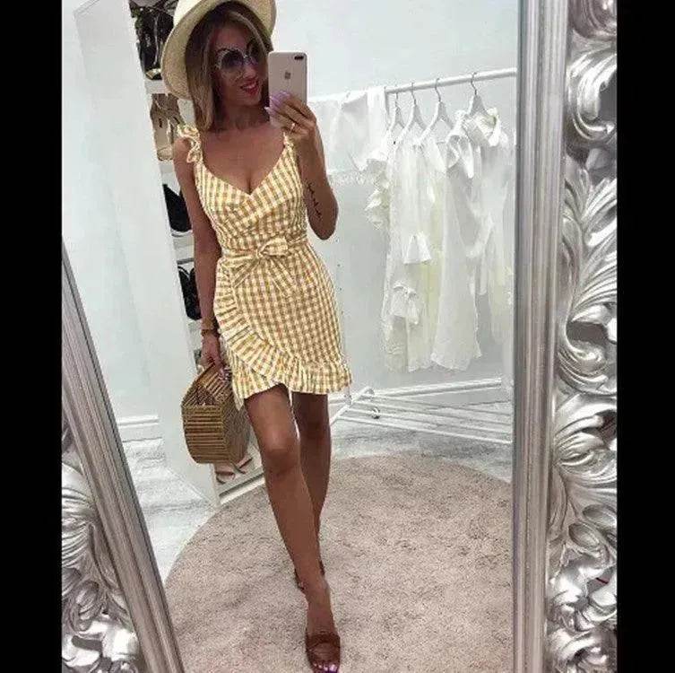 Women's Fashion Personality Summer Sleeveless Plaid Drawstring Casual Mini Dress - Velora