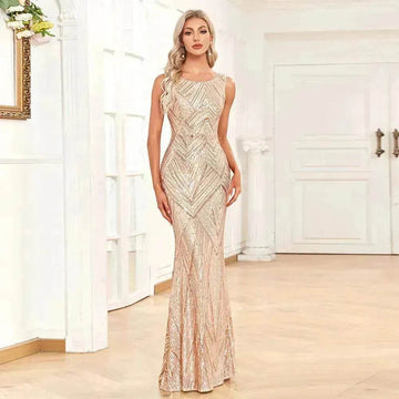 Women's Fashionable Sleeveless Round Neck Sparkling Evening Gown