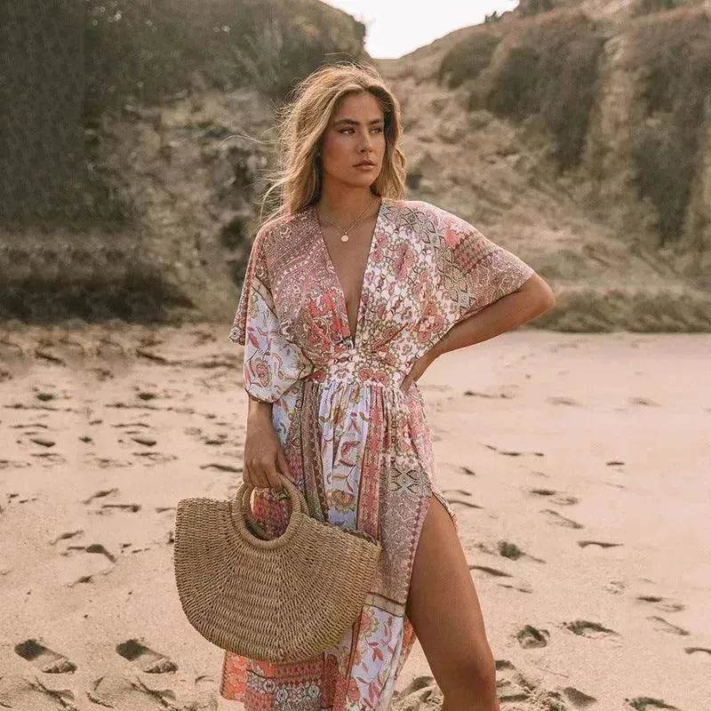 Women's Flowers Printed Dress Bohemian Irregular Beach Clothes - Velora