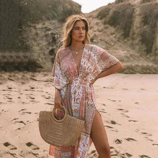 Women's Flowers Printed Dress Bohemian Irregular Beach Clothes - Velora
