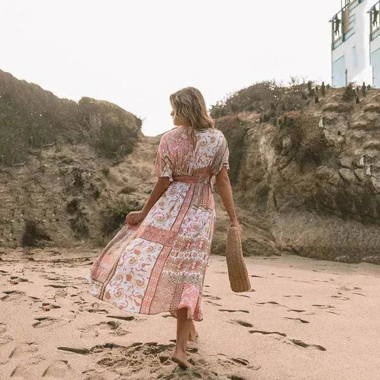 Women's Flowers Printed Dress Bohemian Irregular Beach Clothes - Velora