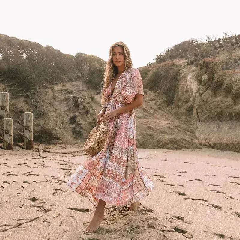 Women's Flowers Printed Dress Bohemian Irregular Beach Clothes - Velora