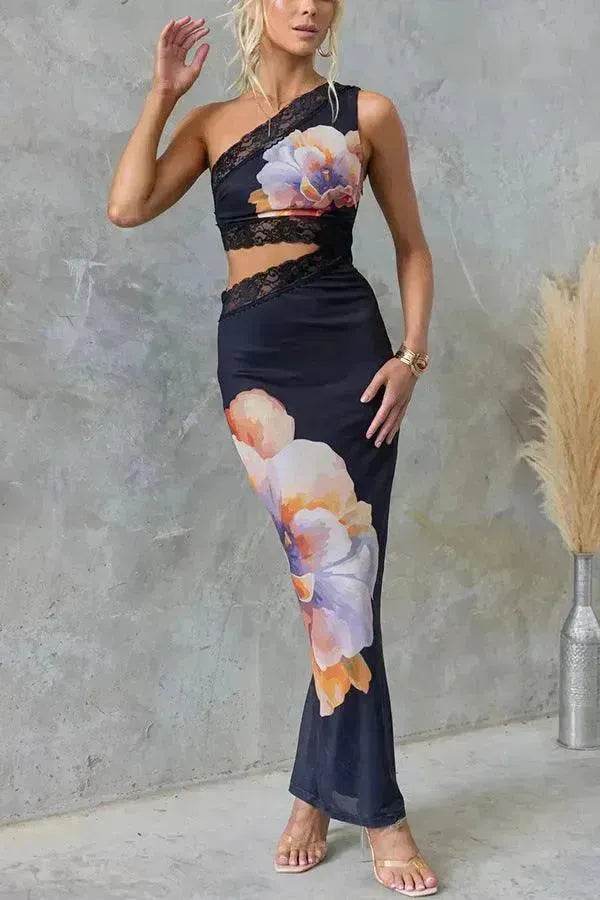 Women's One-shoulder Printed Voile Lace Slim Fit Two piece Dress - Velora