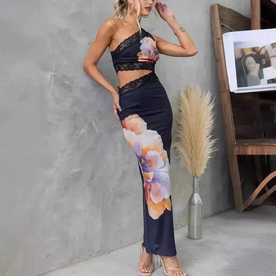 Women's One-shoulder Printed Voile Lace Slim Fit Two piece Dress - Velora