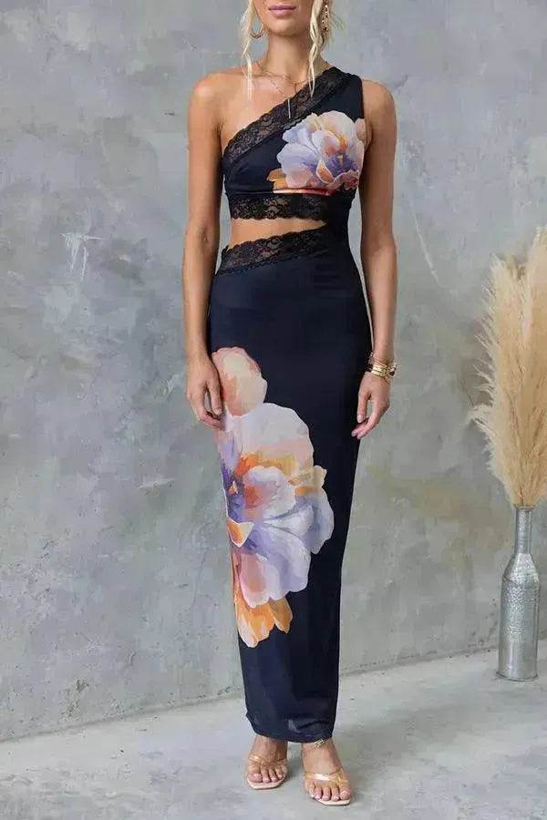 Women's One-shoulder Printed Voile Lace Slim Fit Two piece Dress - Velora