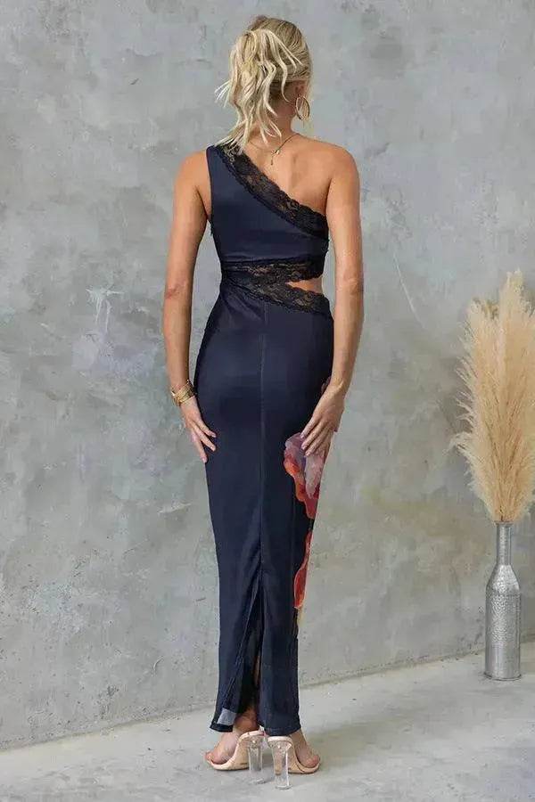 Women's One-shoulder Printed Voile Lace Slim Fit Two piece Dress - Velora