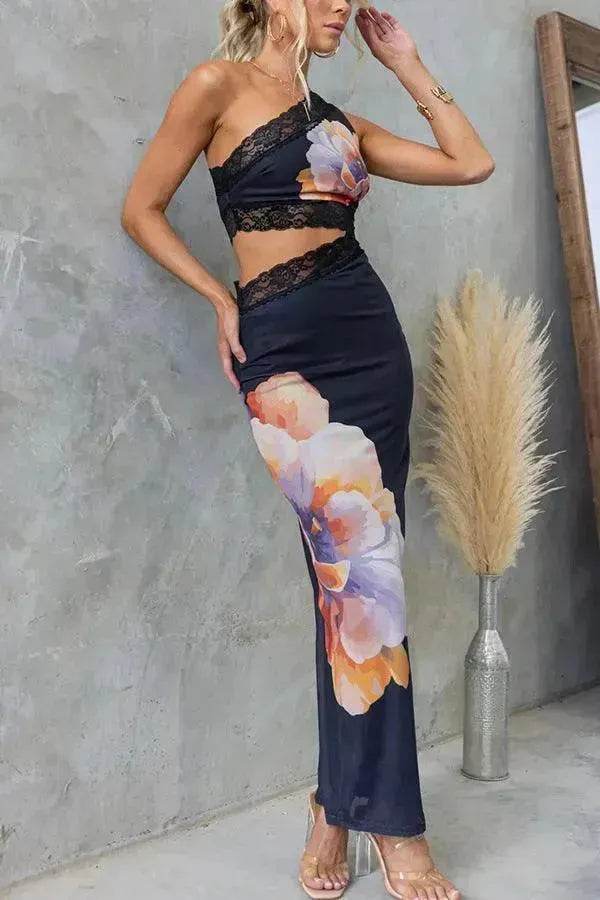 Women's One-shoulder Printed Voile Lace Slim Fit Two piece Dress - Velora