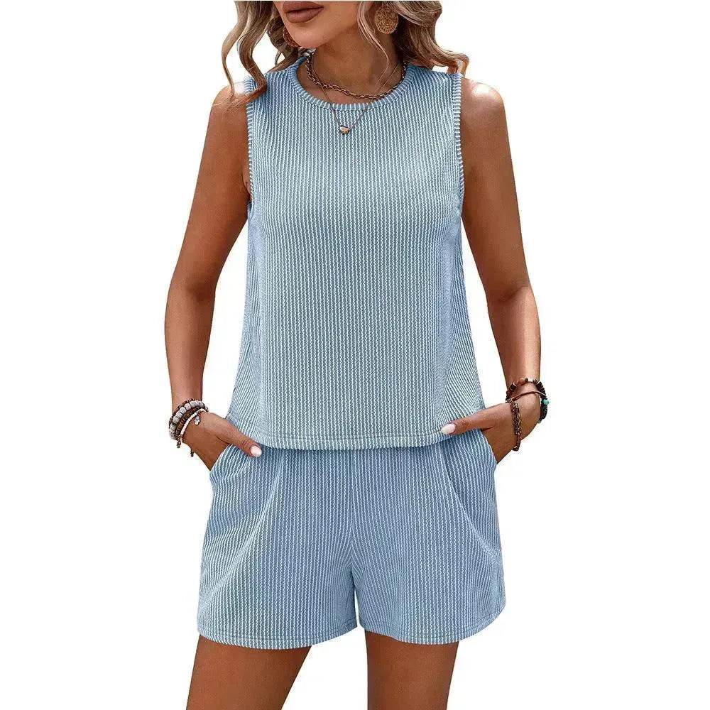 Women's Sleeveless Tank Top Shorts Striped Two-piece Suit - Velora