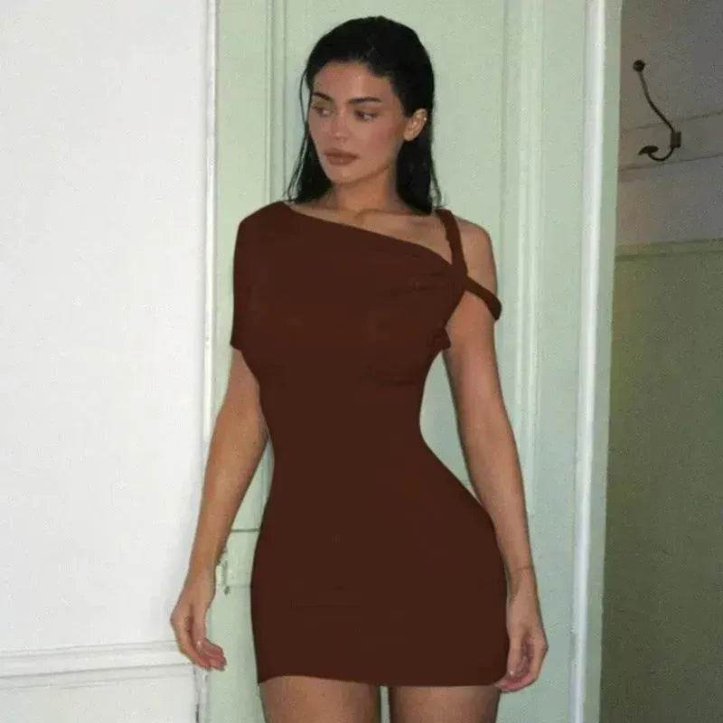 Women's Slim Hip Dress Summer Fashion One-shoulder Short Sleeve Solid Color Mini Dress - Velora