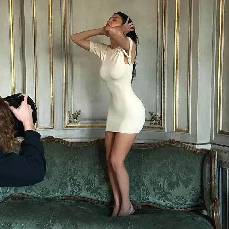 Women's Slim Hip Dress Summer Fashion One-shoulder Short Sleeve Solid Color Mini Dress - Velora