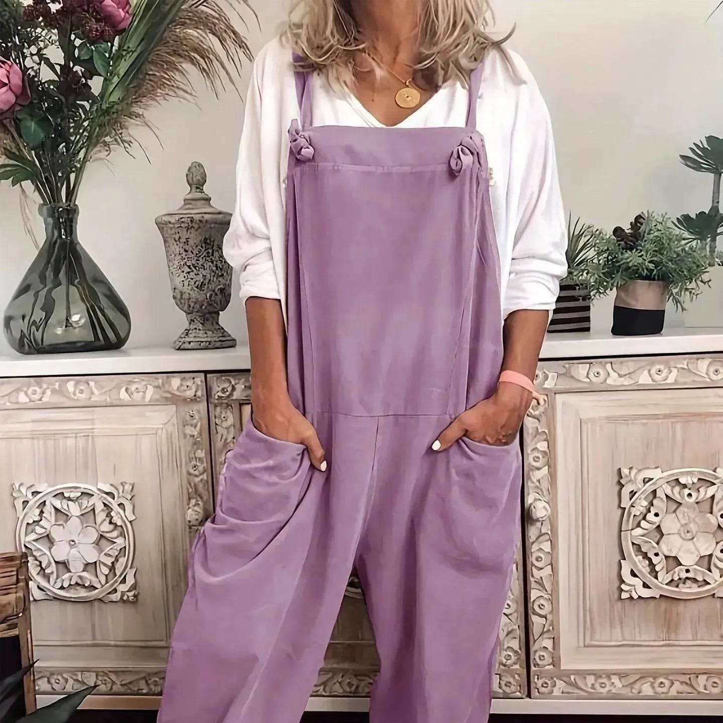 Women's Solid Color Casual Pocket Lace-up Adjustable Jumpsuit - Velora