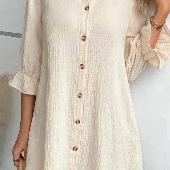 Women's Solid Color Cotton Ruffled Sleeve And Linen Breasted Loose Shirt Dress - Velora