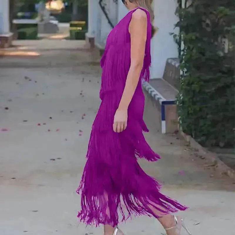 Women's Solid Color Diagonal Collar Multi-layer Tassel Stitching Design Dress