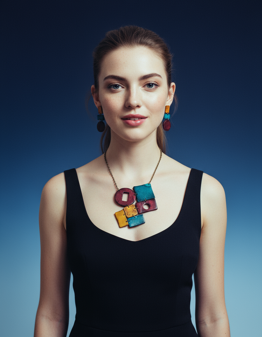 Geometric Statement Jewelry Set in Maroon, Mustard & Denim Blue - Velora Luxury Fashion