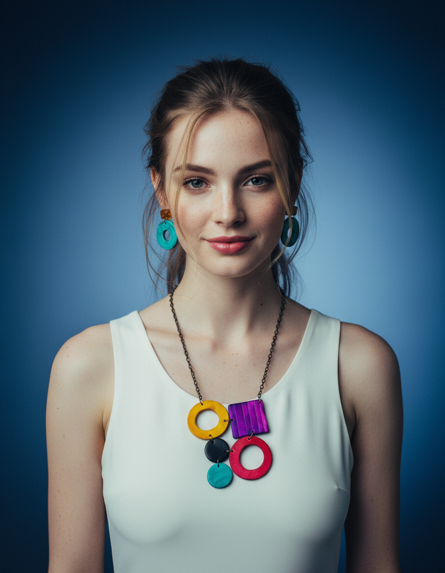 Bold Retro Statement Necklace with Multicolored Geometric Design, Clay Hand Painted - Velora Luxury Fashion