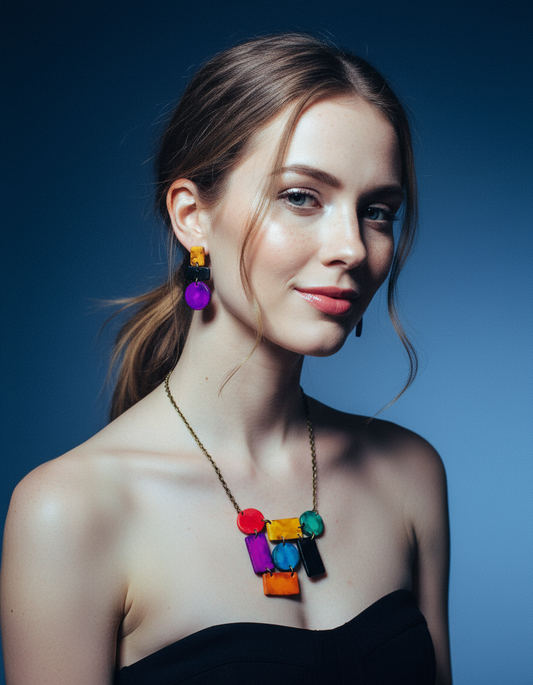 Abstract Geometric Jewelry Set with Statement Necklace & Long Drop Dangles or Clip On Earrings - Velora Luxury Fashion
