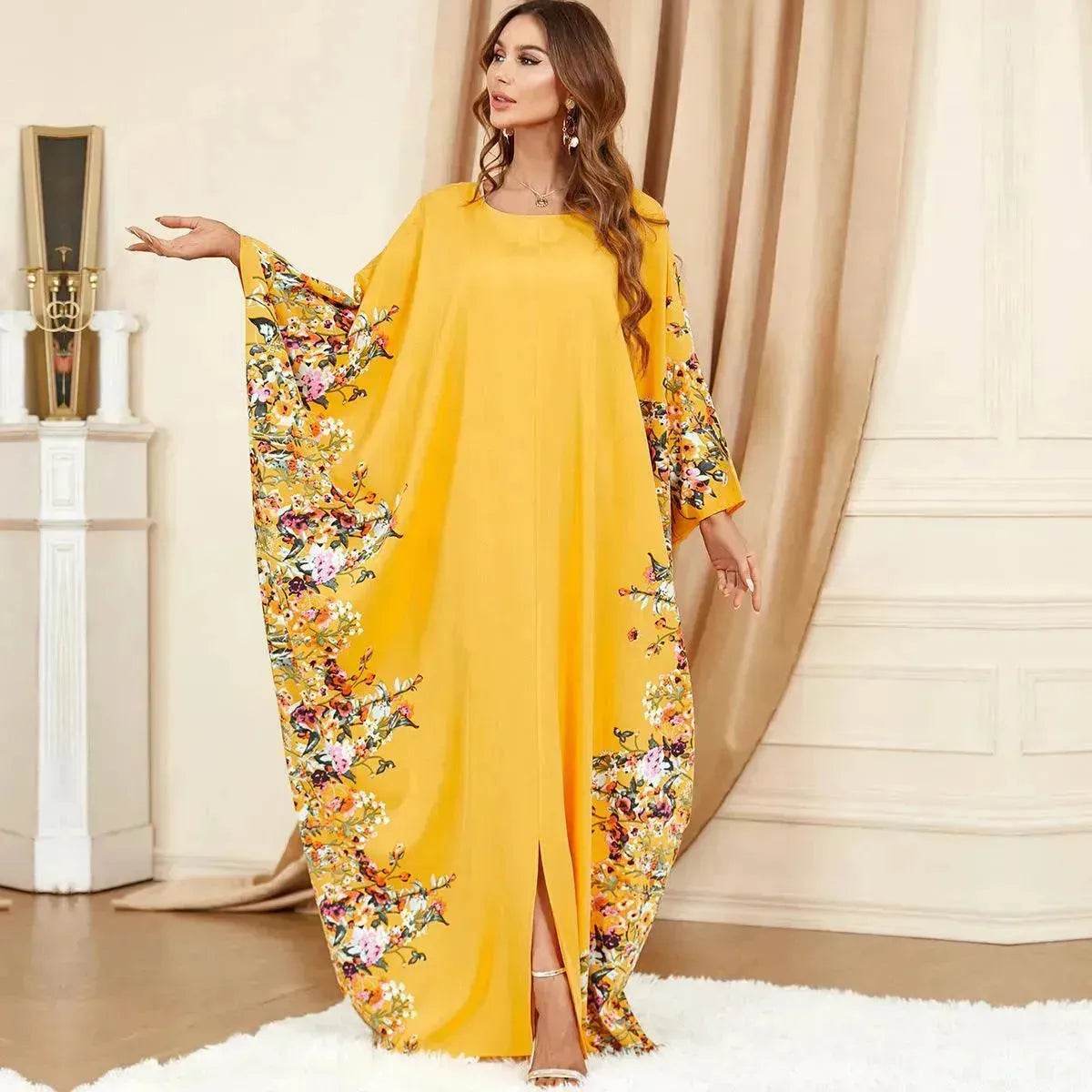 Yellow Bat Sleeve Plus Size Buba Abaya Middle East Women Dress - Velora