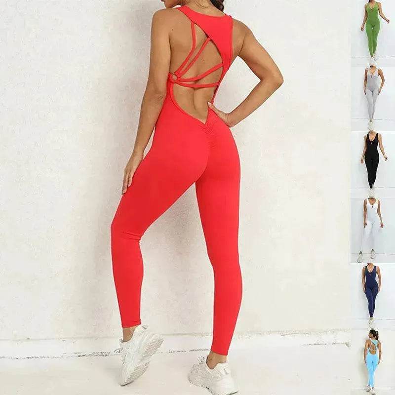 Yoga Jumpsuit V-shaped Back Design Sleeveless Fitness Running Sportswear Stretch Tights Pants For Womens Clothing - Velora